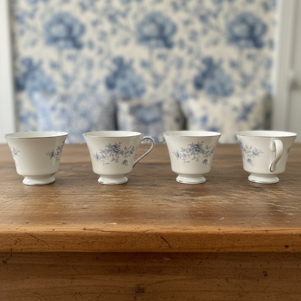Duchess by Crown Empire Blue Flowers Teacups, Set of 4, Vintage Japan Bone China